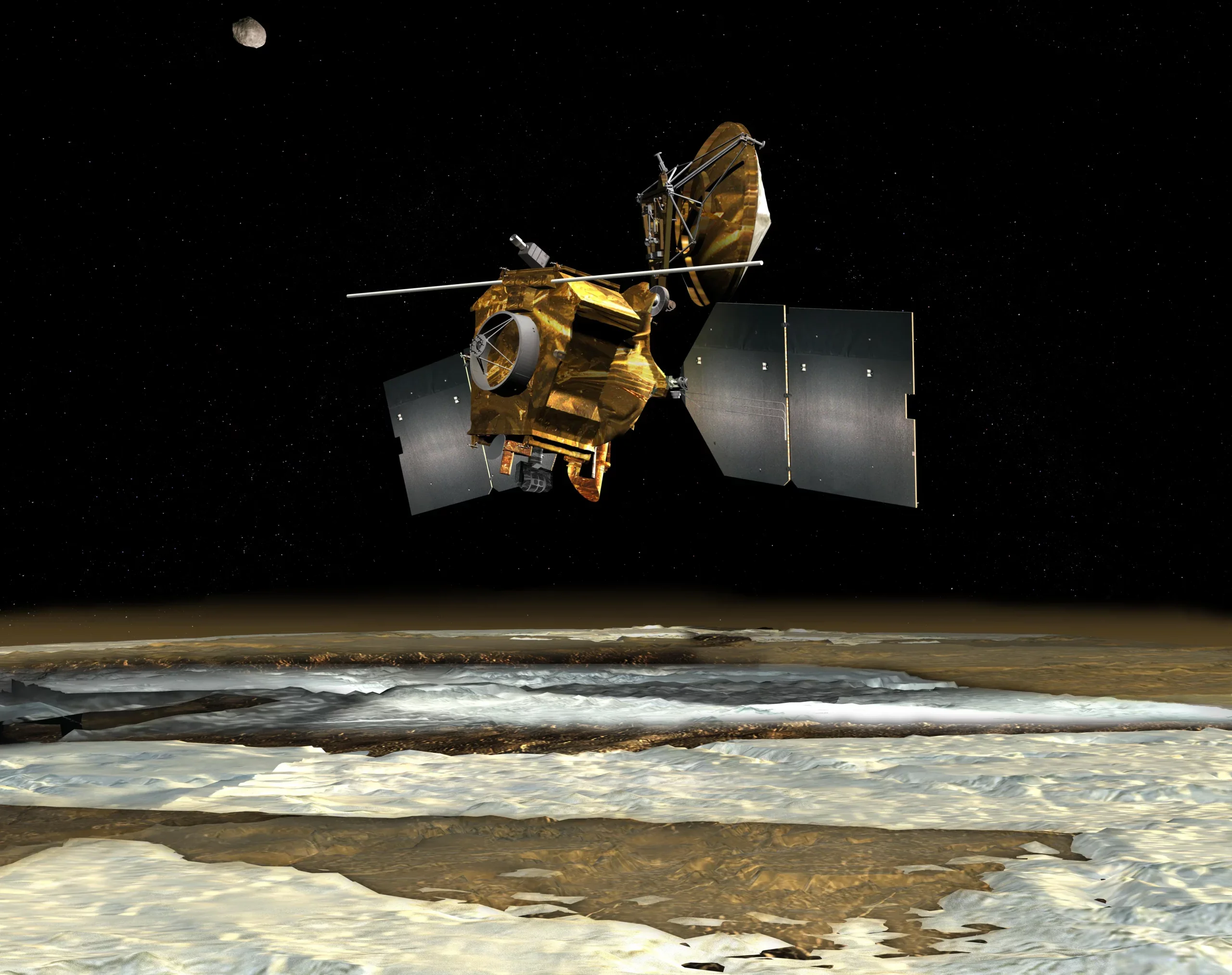 An antenna juts out from NASA’s Mars Reconnaissance Orbiter in this artist’s concept. It’s part of SHARAD, a radar instrument that has been studying the layers beneath Mars’ surface since 2006.