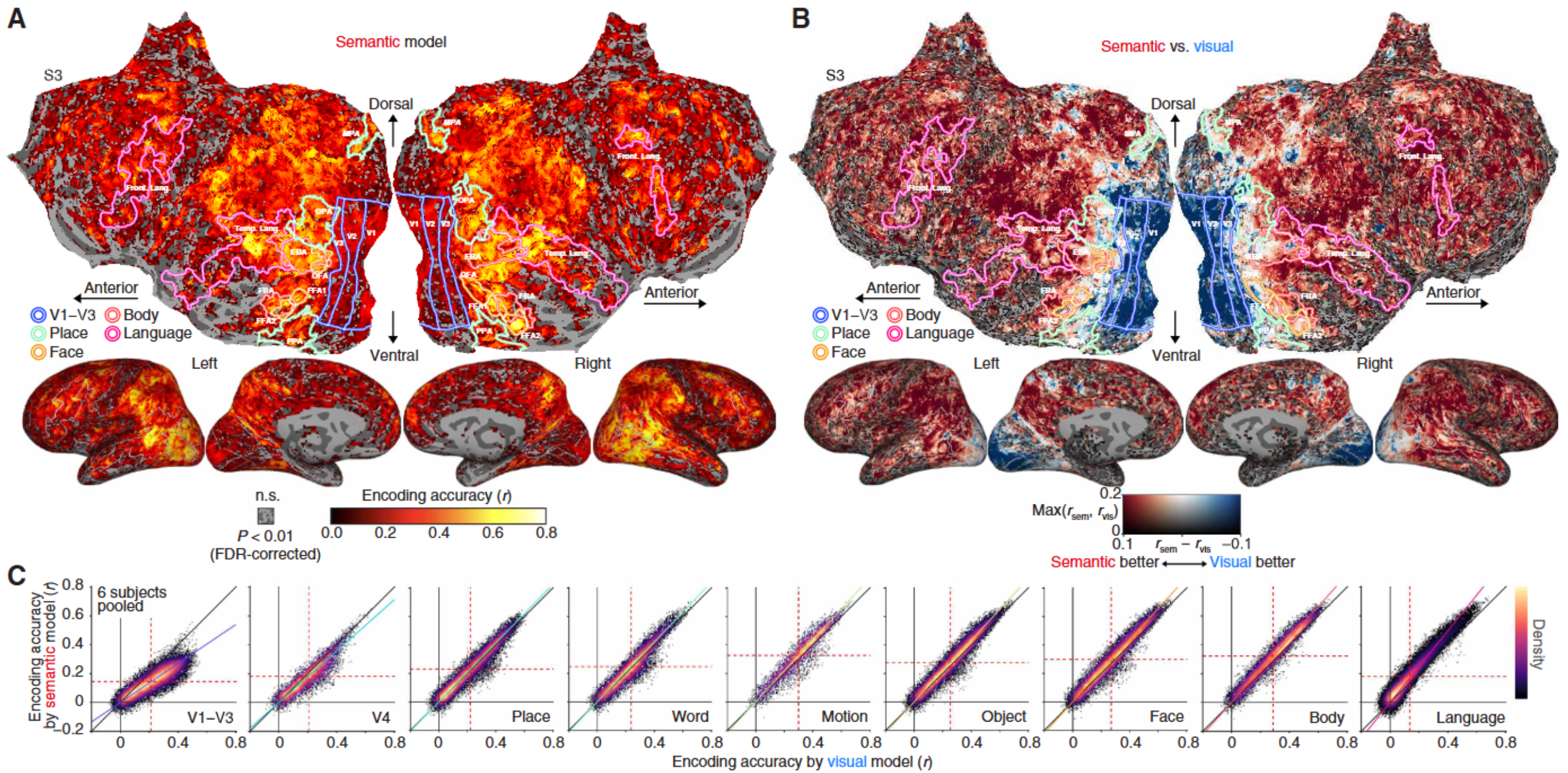 Contributions from different brain areas. A cross-validation analysis was performed within the training perception data. encoding models were trained using features from each layer to generate predictions from multiple layers. the final predictions were constructed on the basis of the best layer per voxel determined using nested cross-validation. 
