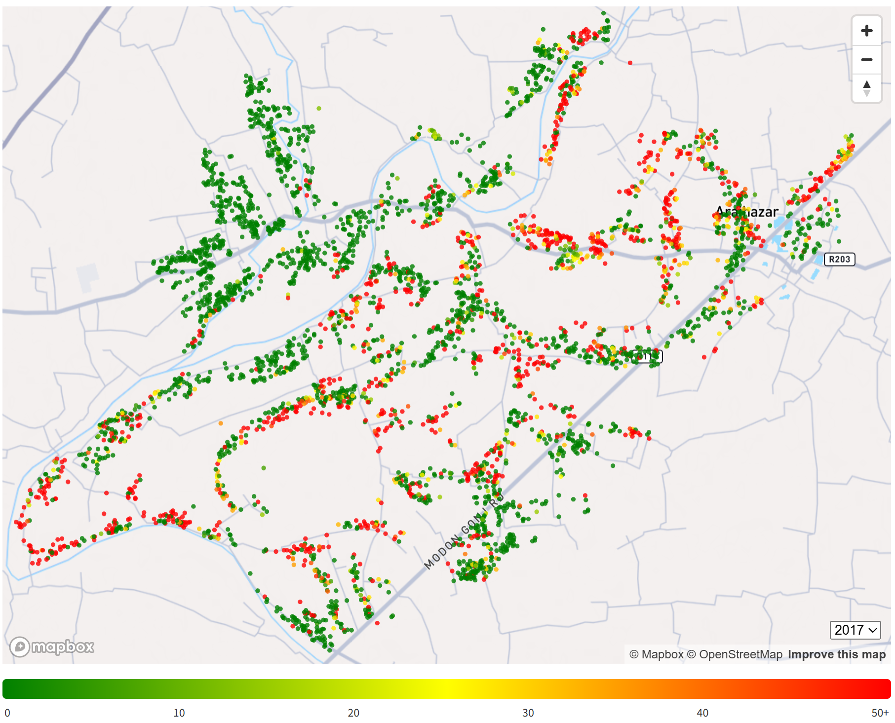 Map of well arsenic levels in Araihazar, Bangladesh, and cumulative chronic disease deaths in study participants (2000–2022).