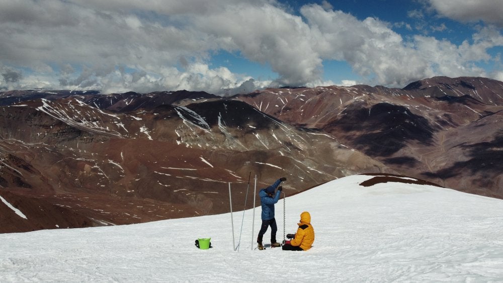 Glaciological fieldwork on the top of Tapado Glacier.