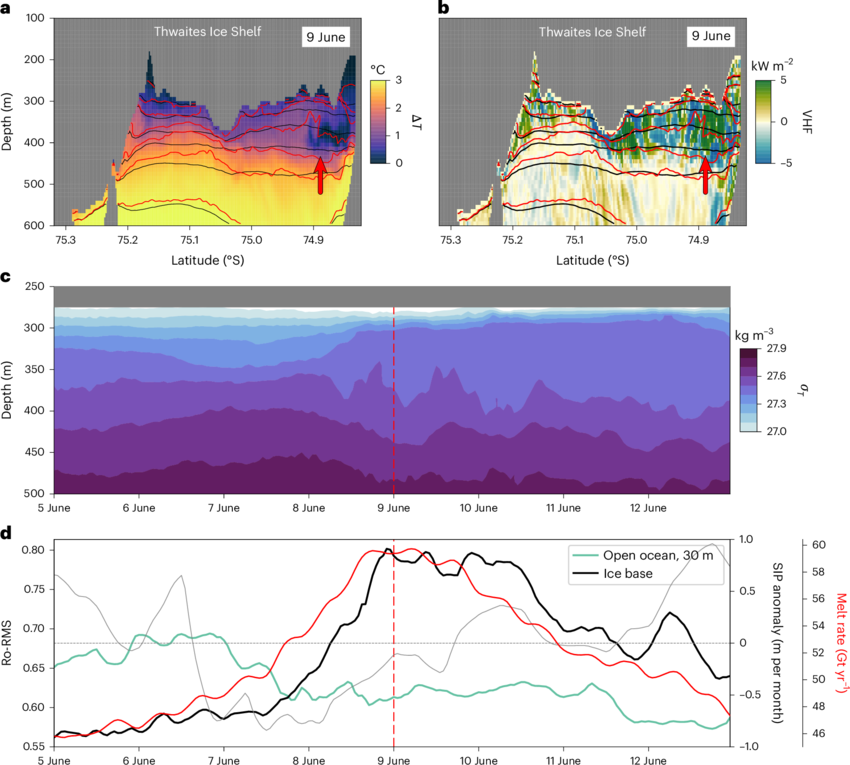 Ocean condition under Thwaites Ice Shelf during the storm-like event a,b, Thermal drive ΔT (a), defined as the difference between local potential temperature and the freezing point at the surface, at cross section X in Supporting Fig. 1 and VHF, positive upward (b).