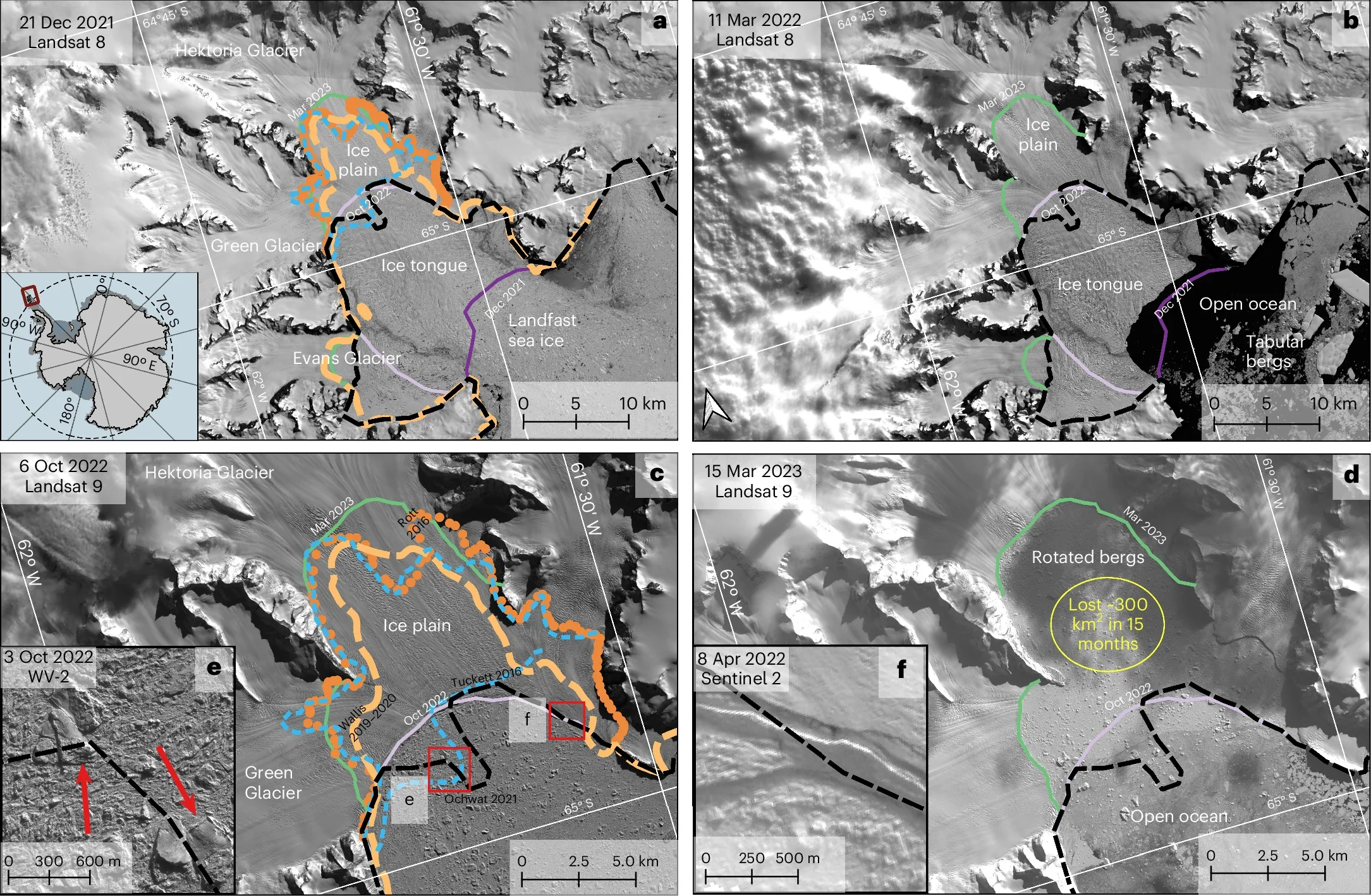 The 2022–2023 accelerated retreat of Hektoria and Green glaciers.