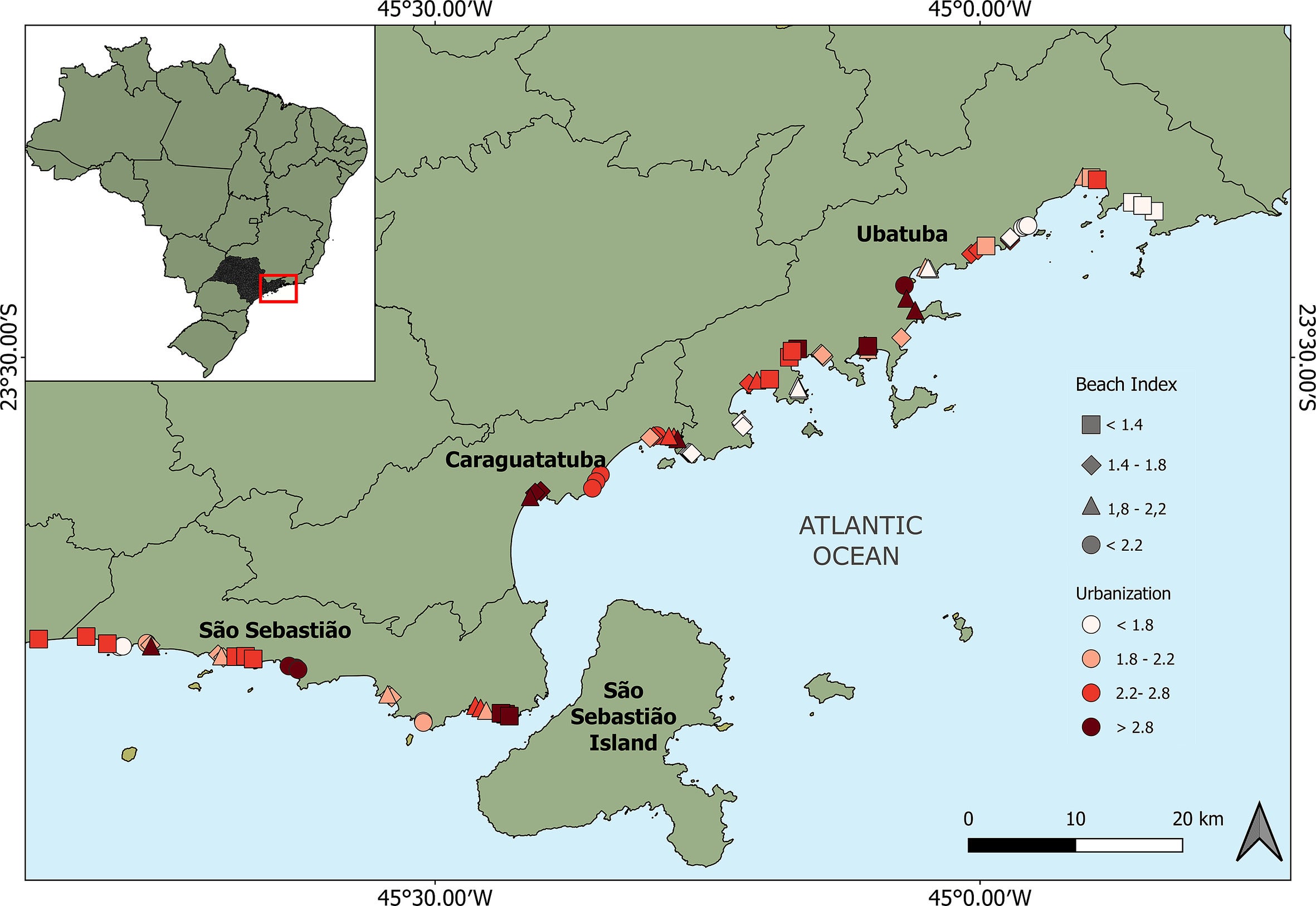 Study area on the North coast of São Paulo. Points refer to the 90 sites sampled along 30 sandy beaches. Shape of the points represents the beach index at each site, whereas colors stand for the urbanization index.