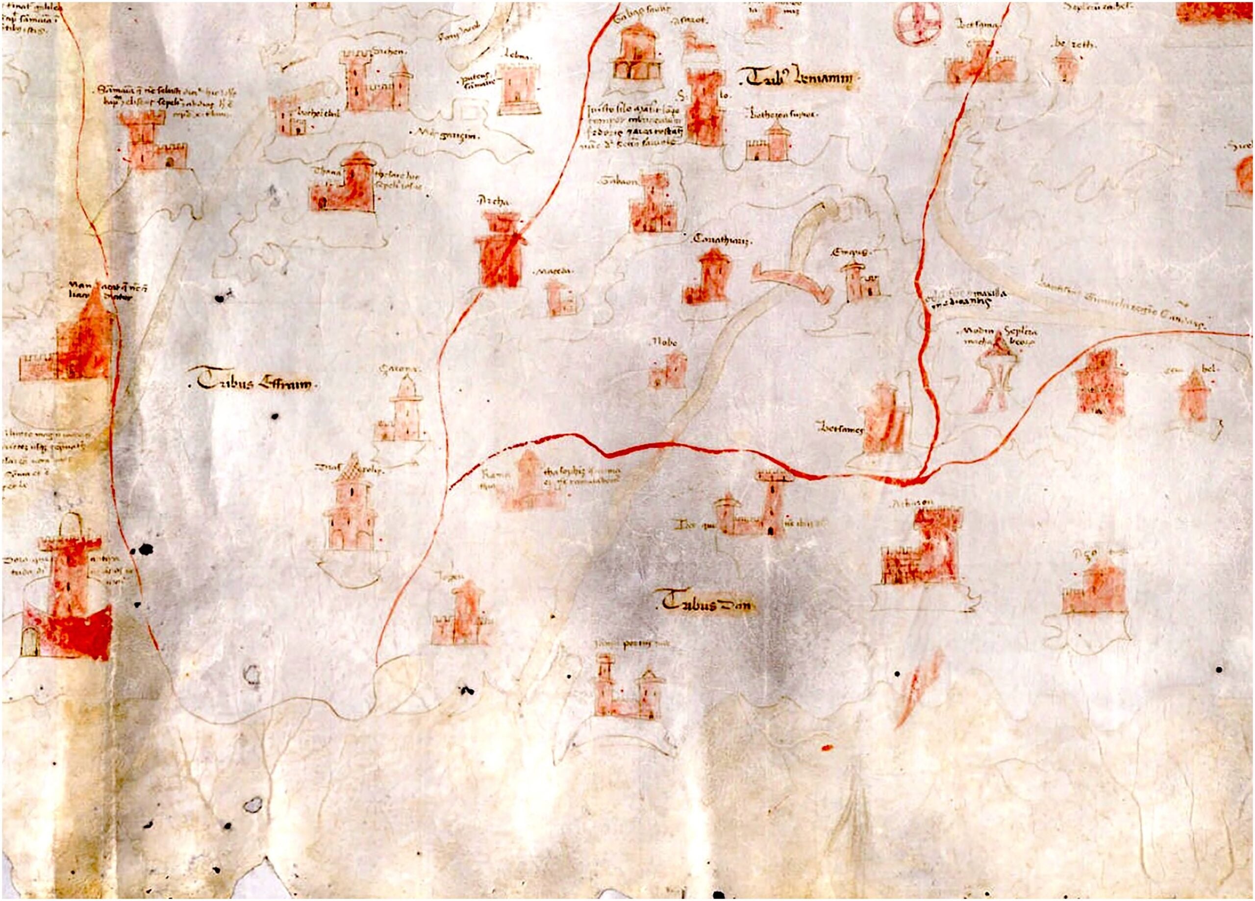 Detail (centre-right) of the Large Burchard Map showing Ephraim, Benjamin and Dan and tribal borders marked in red ink (Carte nautiche, IV (recto); by permission of Ministero della cultura / Archivio di Stato di Firenze