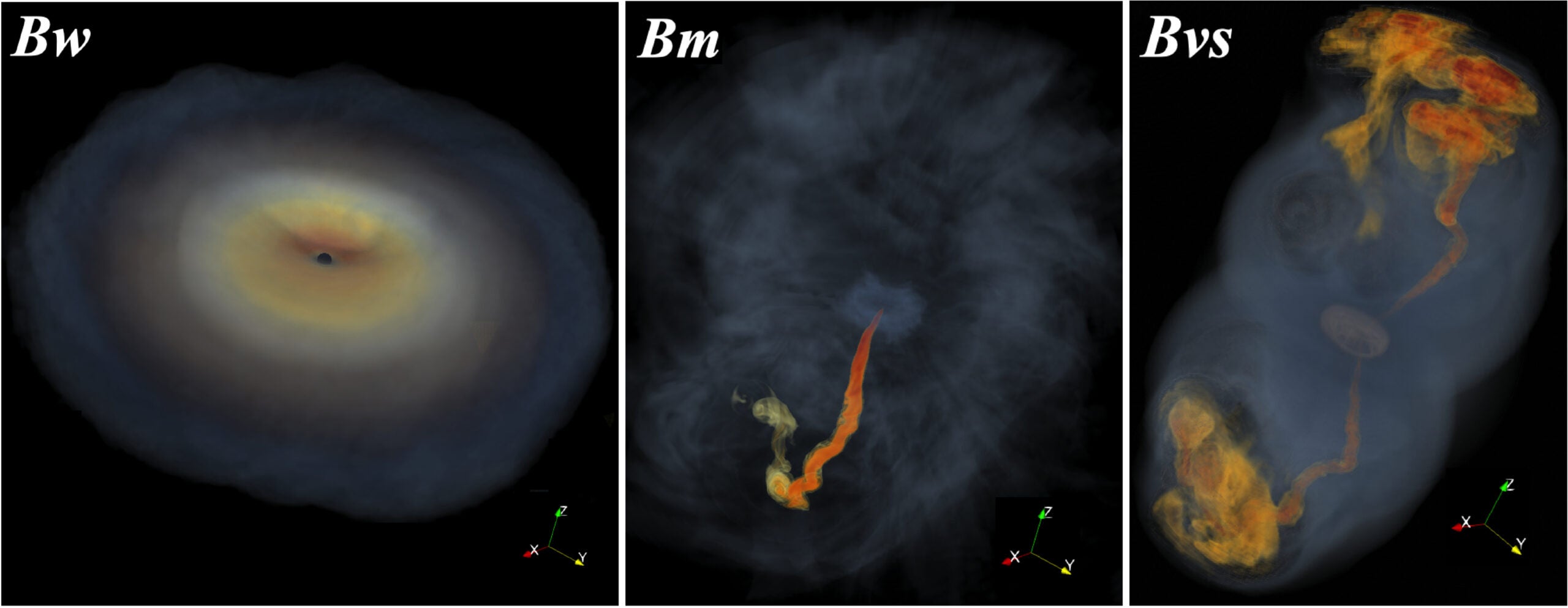 3D renderings of the late-time evolution in models Bw (weak magnetic field) at t −  tBH = 5.9 s, Bm (moderate strength field) at t −  tBH = 5.7 s, and Bvs (very strong field) at t −  tBH = 1.3 s. 