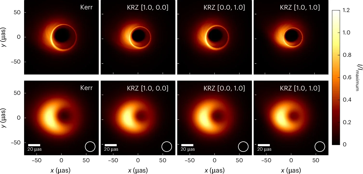 Time-averaged (t = 8,000–10,000 M) intensity images at 230 GHz of accretion flows onto a Kerr BH (first (left-hand) column) and onto three representative Kerr BHs (second to fourth columns).