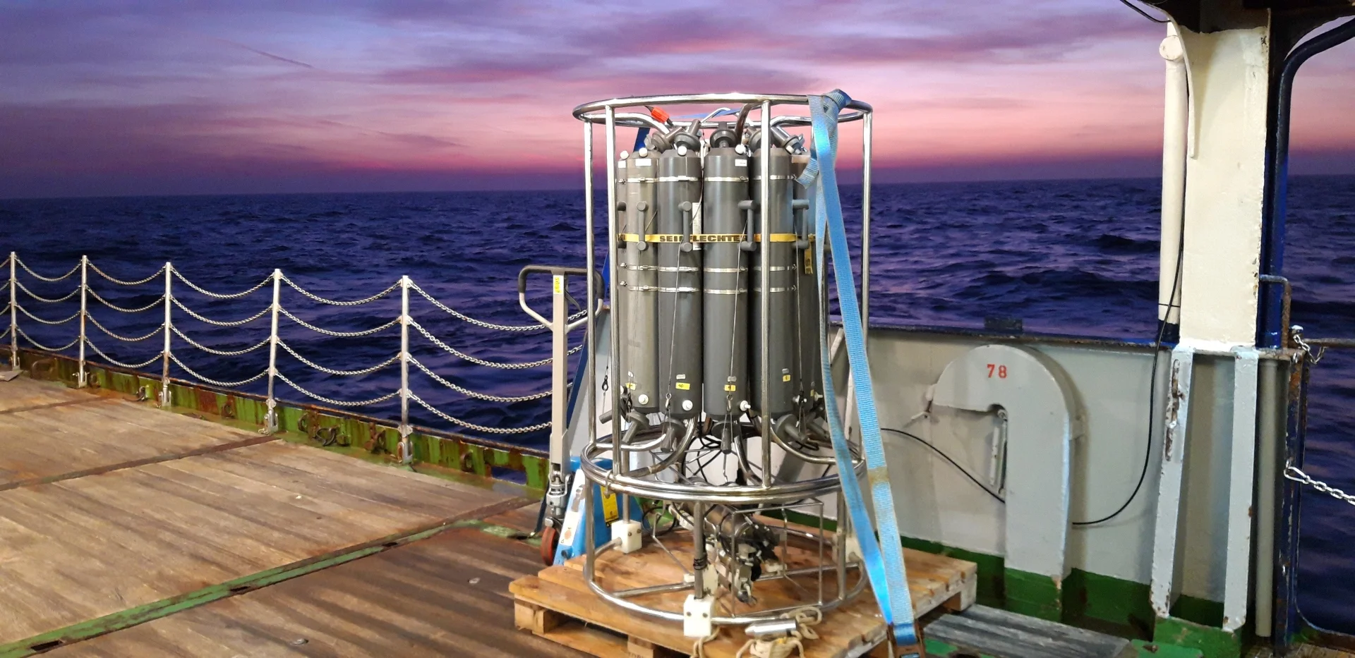 A CTD rosette on board RV Poseidon. With this device, scientists can measure environmental parameters and collect water samples from deep ocean layers.