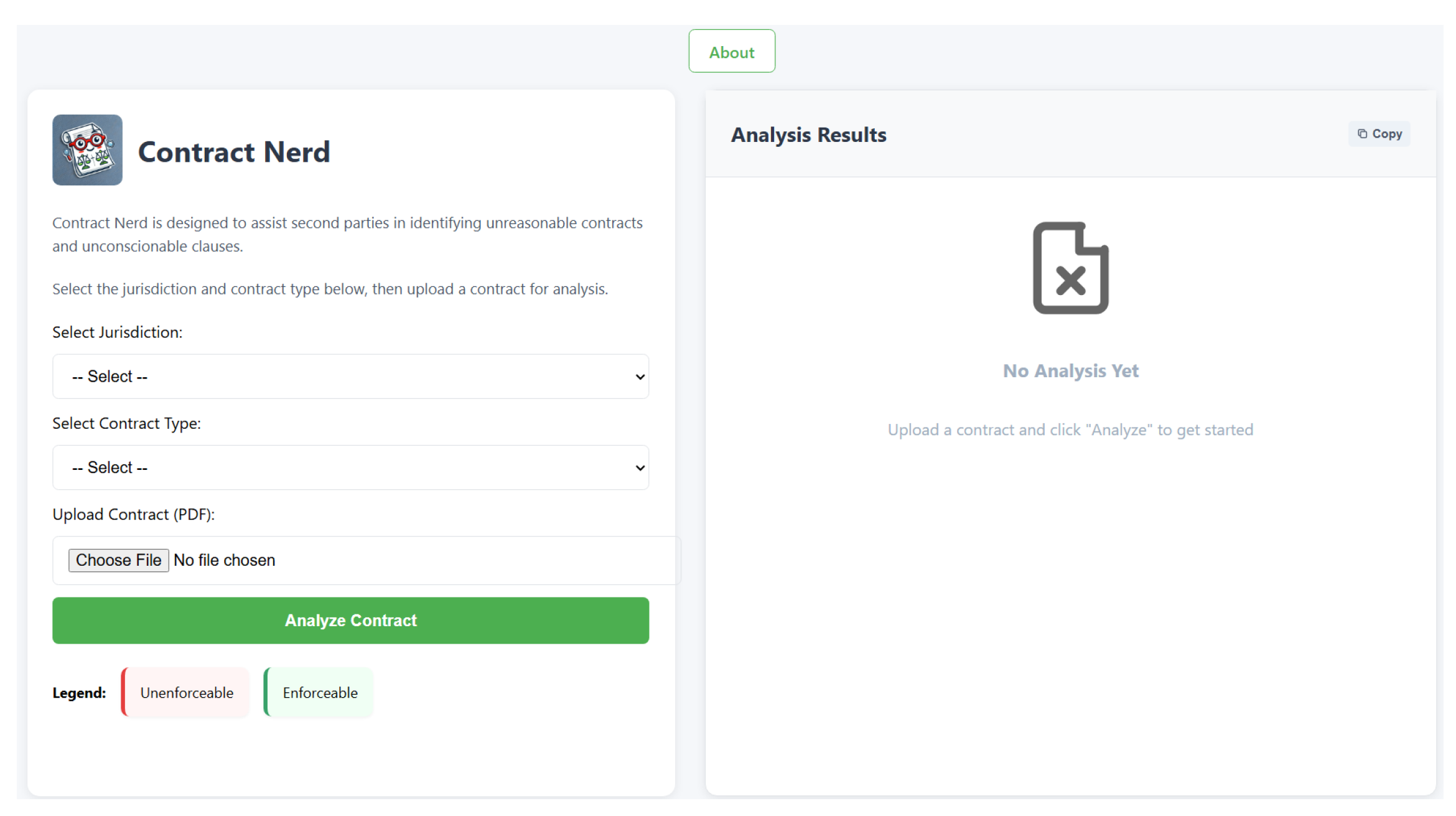 Landing page for ContractNerd user interface.