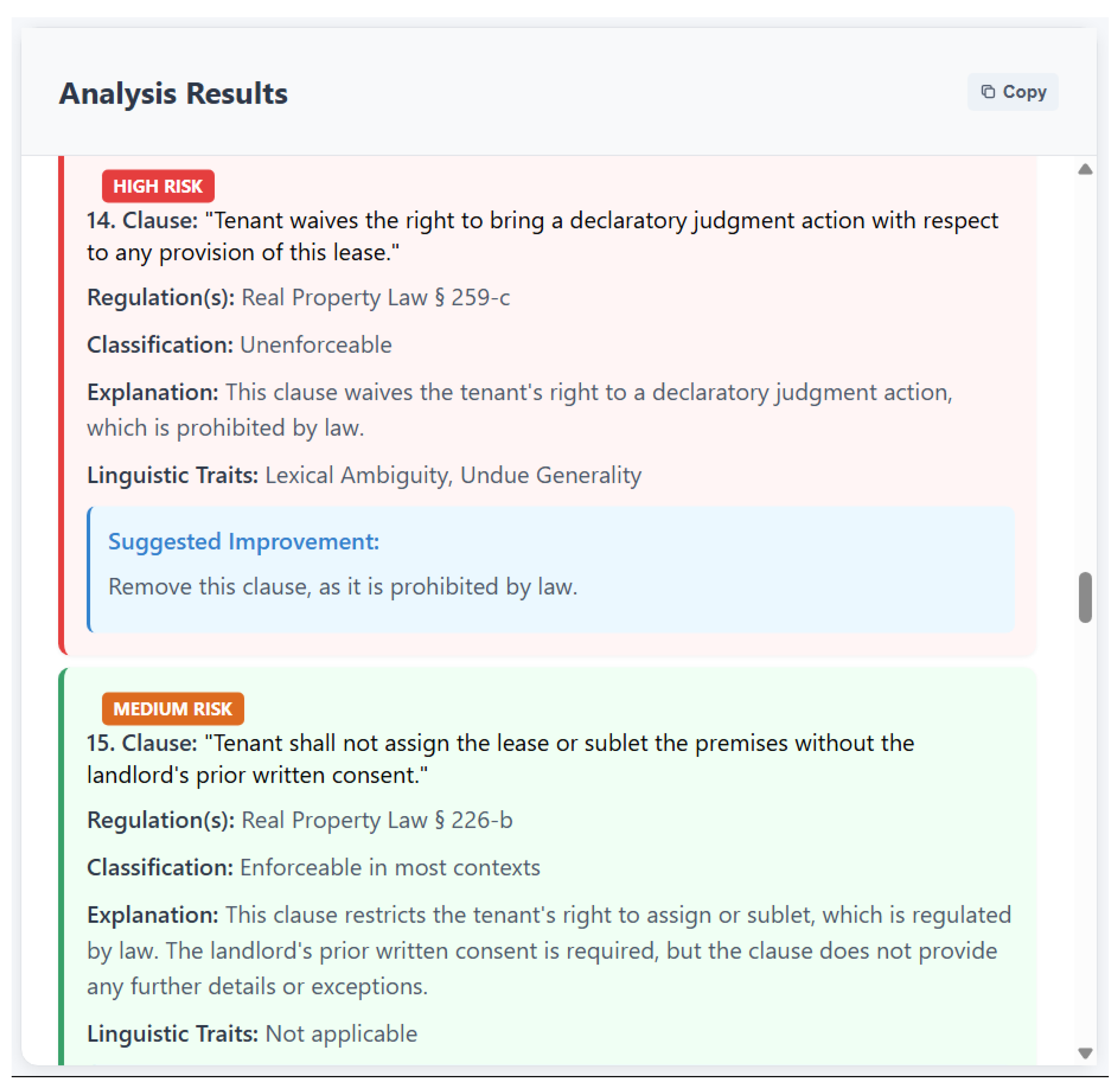 Results displayed after clause analysis.