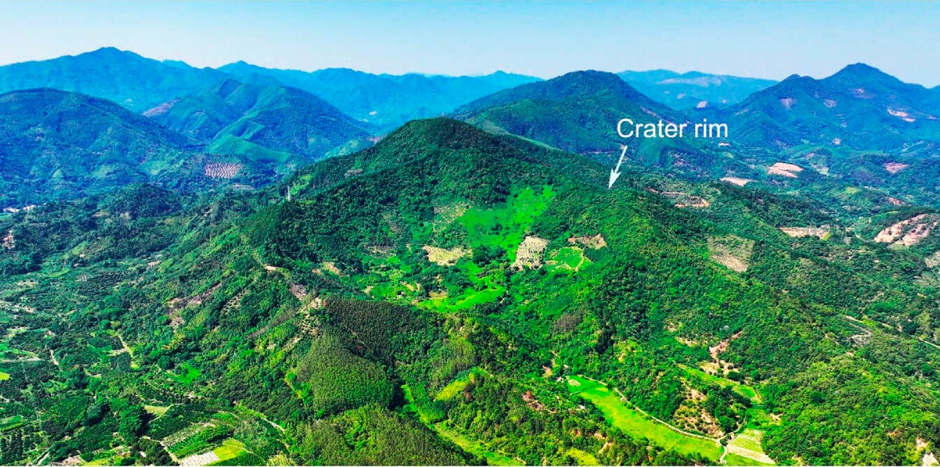 Panoramic aerial drone image of the Jinlin crater, taken on May 12, 2025.