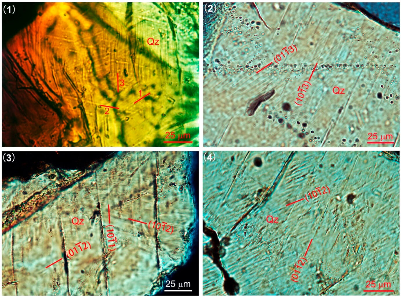 Optical micrographs of PDFs in quartz (Qz) under cross-polarized light
