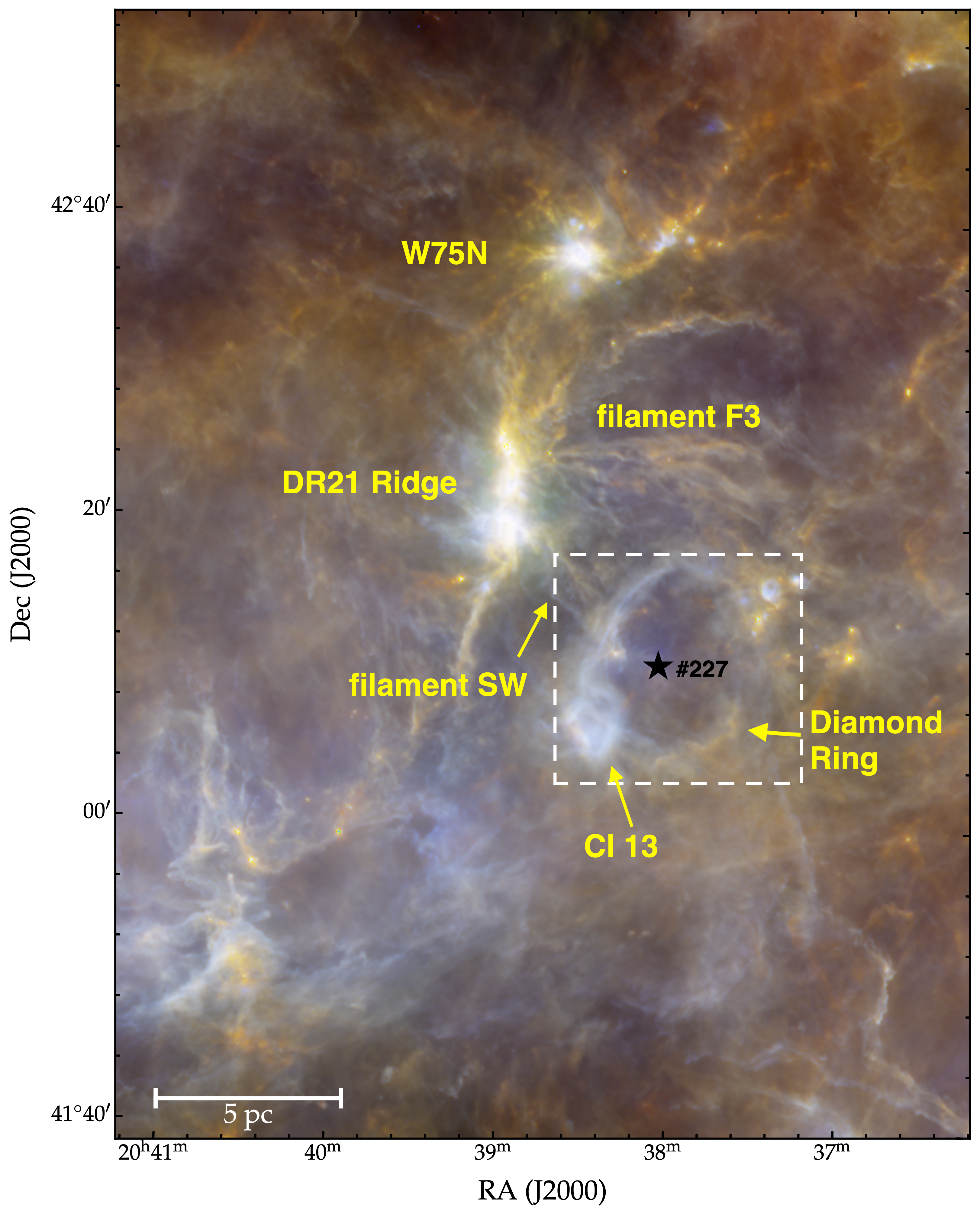 Overview of the northern Cygnus X region. The three colour image displays Herschel 70 μm (blue), 160μm (green), and 250 μm (red) emission. 