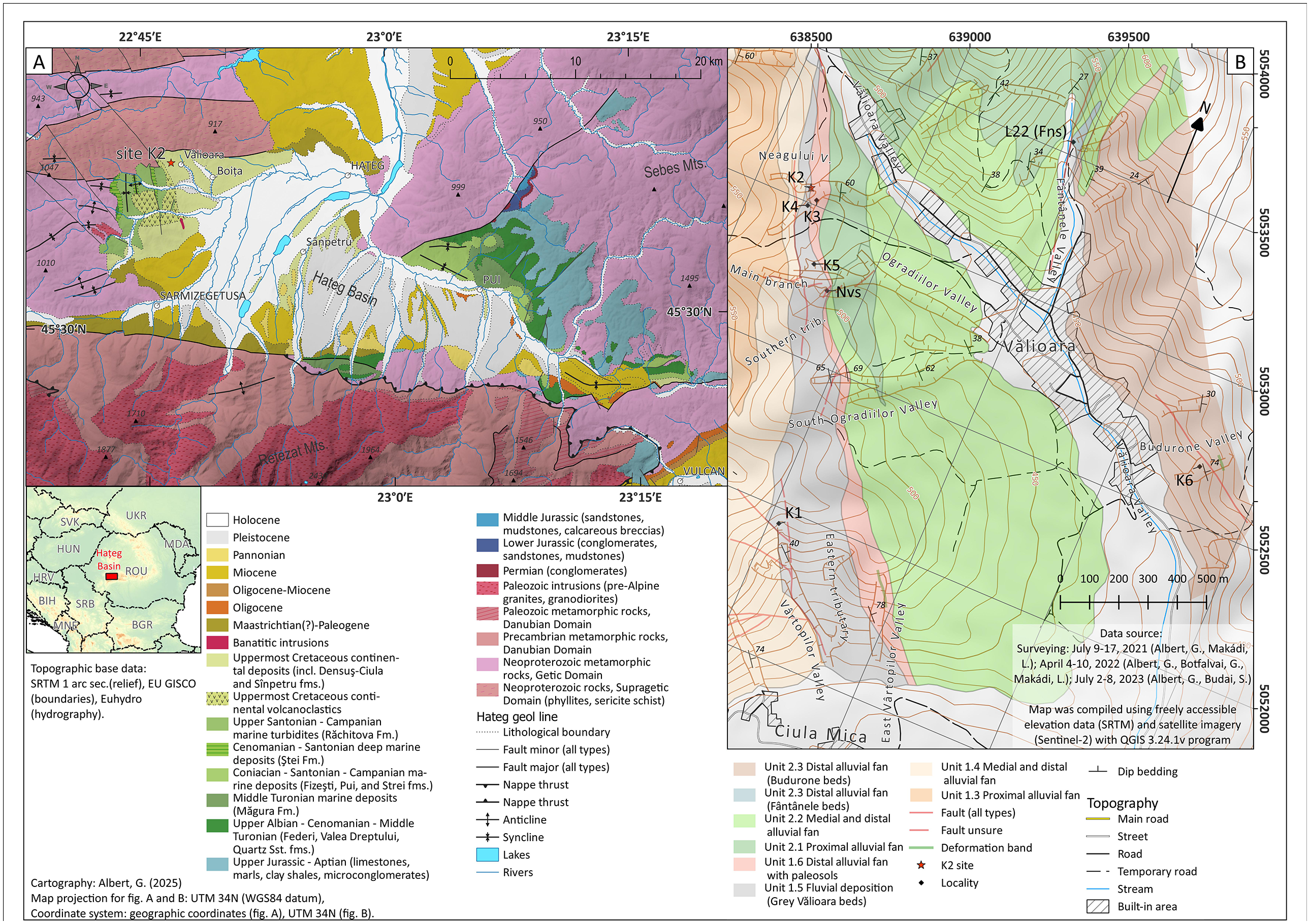 (A) Geologic map of Haţeg Basin (based on [20] and references therein). (B) Detailed geological map of the Vălioara area showing the main vertebrate sites