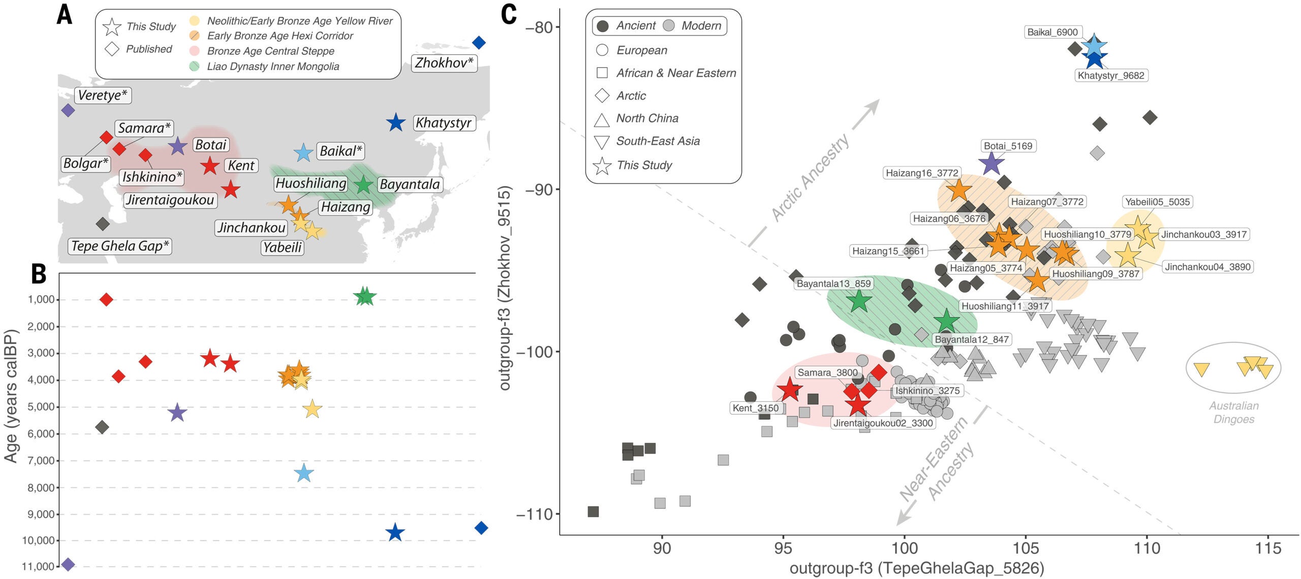 Location, age, and ancestry of the newly sequenced ancient dog genomes.