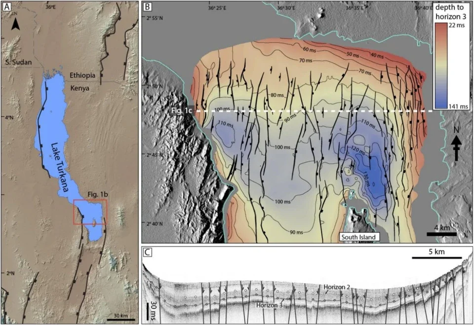 Structural setting of the study site. (a) Annotated SRTM DEM showing the Lake Turkana Rift of northern Kenya. The fault structure is simplified and used only to show the general rift pattern and position of modern border faults. (b) Structure contour map of the South Turkana Basin study site. (c) Seismic profile Turk10-70 showing the fault structure and seismic horizons 2 (white-filled circles) and 3 (grey-filled circles) interpreted, mapped and used in this study.