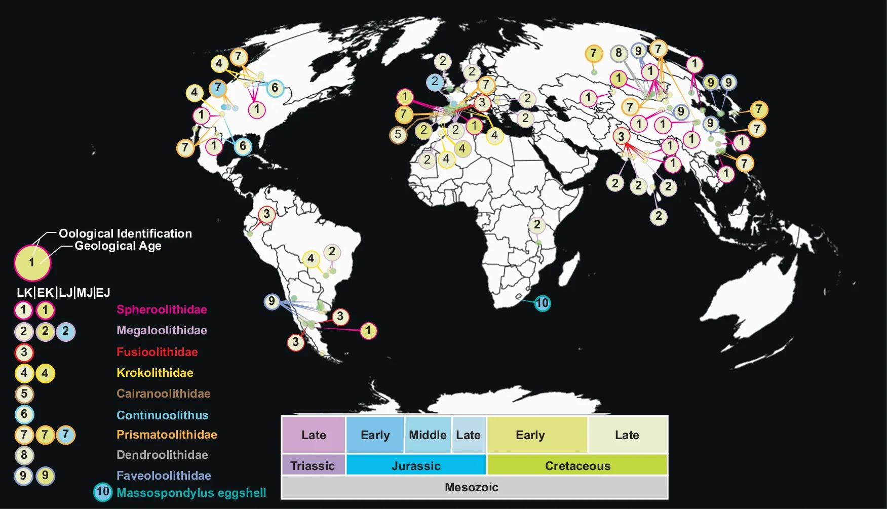 Global distribution map of fossilized egg discoveries (spanning the Mesozoic-Cenozoic), highlighting the abundance of fossilized eggs and eggshells across space and time in continental sedimentary successions.