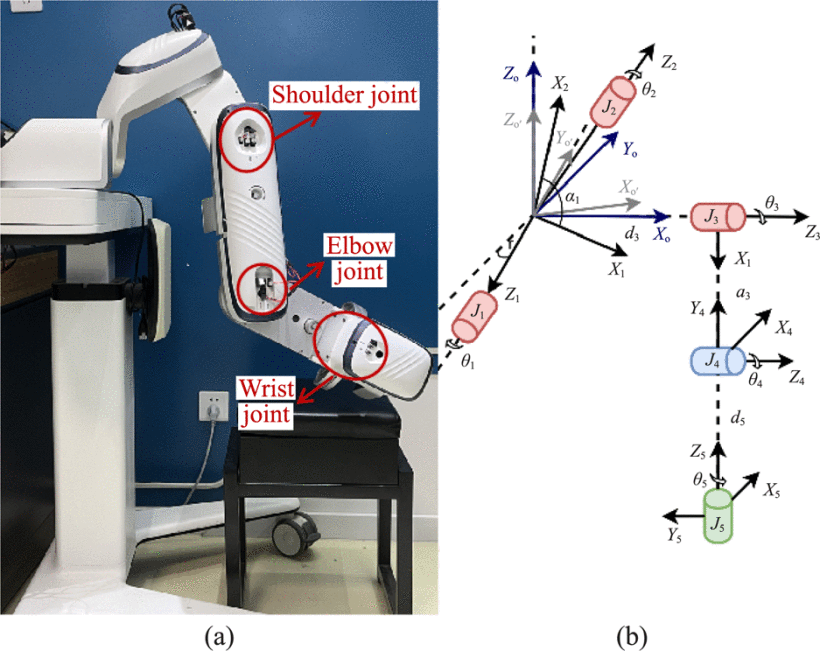 The upper-limb exoskeleton robot for post-stroke rehabilitation; (b) Basic kinematic structure for 5-DOF mechanism, θ1,θ2,θ3 depict the adduction-abduction, internal-external rotation, flexion-extension of shoulder joint, θ4 depicts the flexion-extension of elbow joint, and θ5 depicts the supination-pronation of wrist joint.