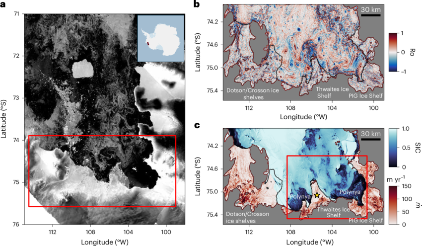Observed and modelled ice–ocean dynamics in the Amundsen Sea Embayment at the submesoscale a, Modified Copernicus Sentinel-1 Ground Range Detected data between 3 and 7 March 2023 showing thin sea ice transported by ocean submesoscale eddies and filaments.