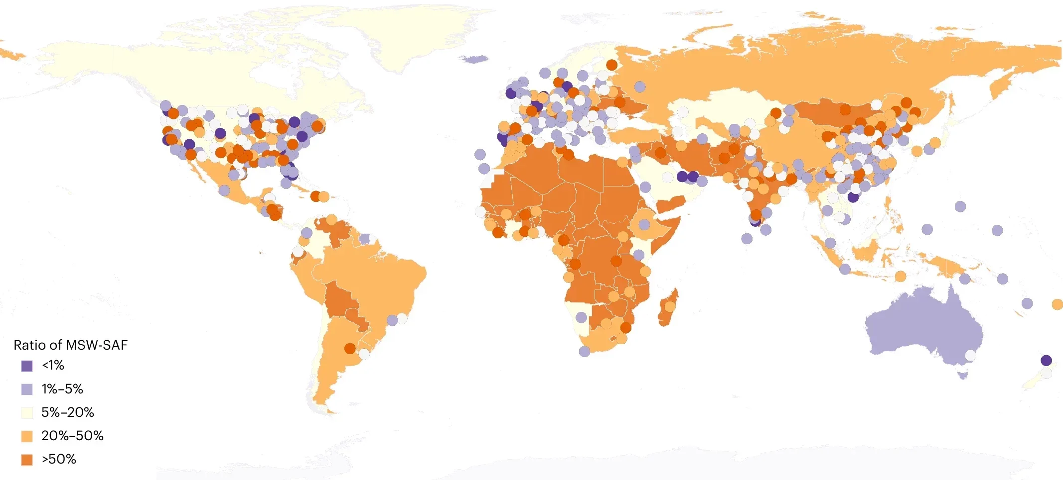 The spatial distribution of the ratio of MSW-derived SAF to local jet fuel demand across countries and major cities. Higher ratios suggest stronger local supply potential, while lower ratios indicate limited capacity relative to demand.