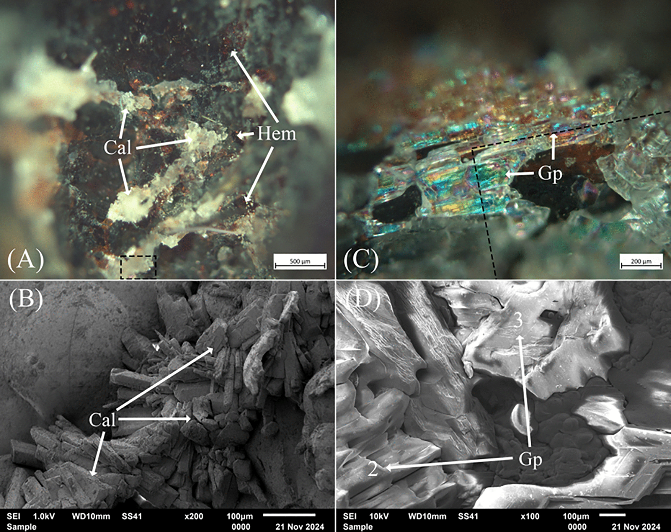 Optical images of calcite (Cal) and gypsum (Gp) secondary precipitates were found within the large, bisected pore of slag H76-S39.