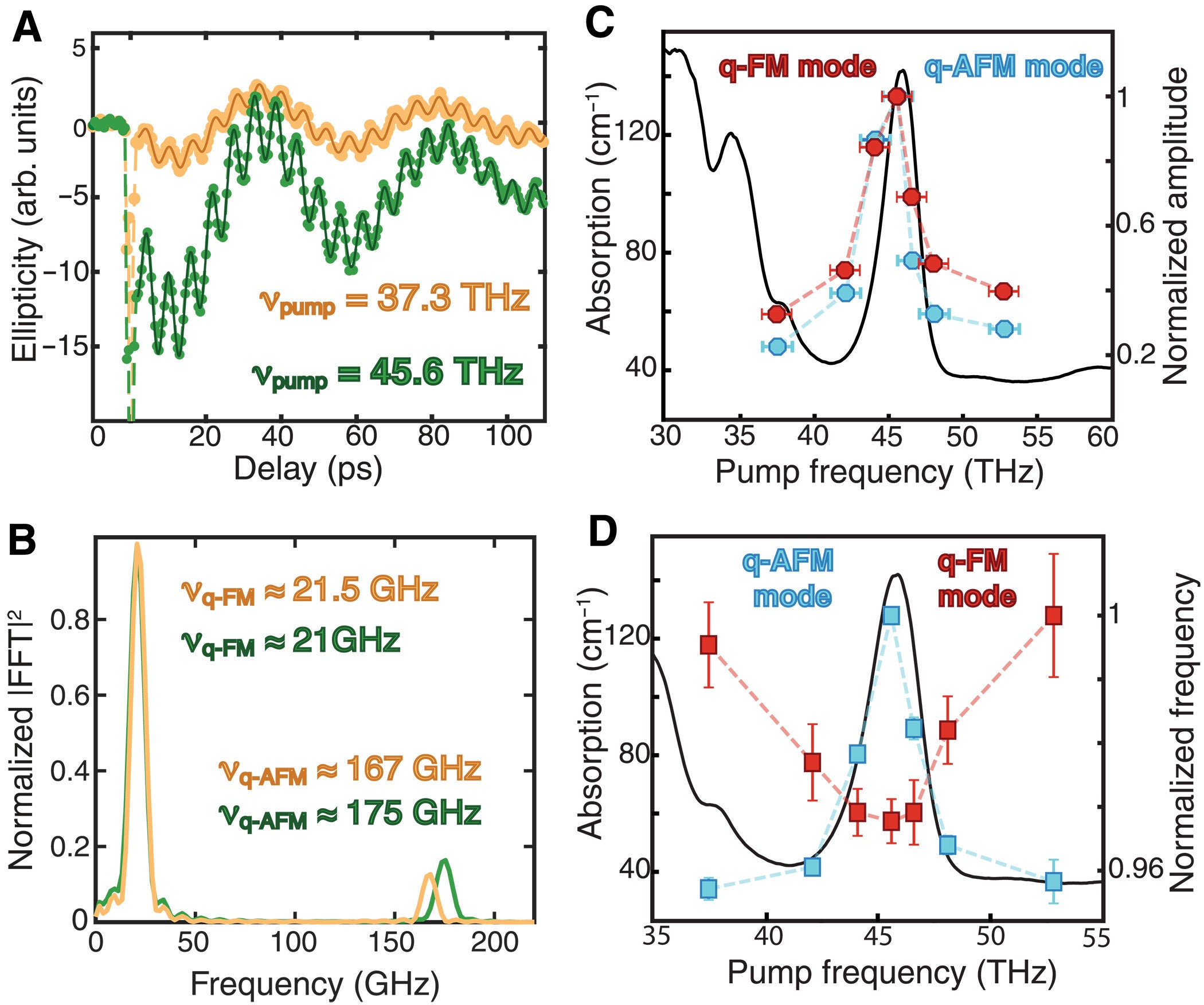Renormalization of the spectrum. The spin dynamics photoinduced by pumping the 2M mode off-resonantly (yellow line) and resonantly (green line) is plotted.
