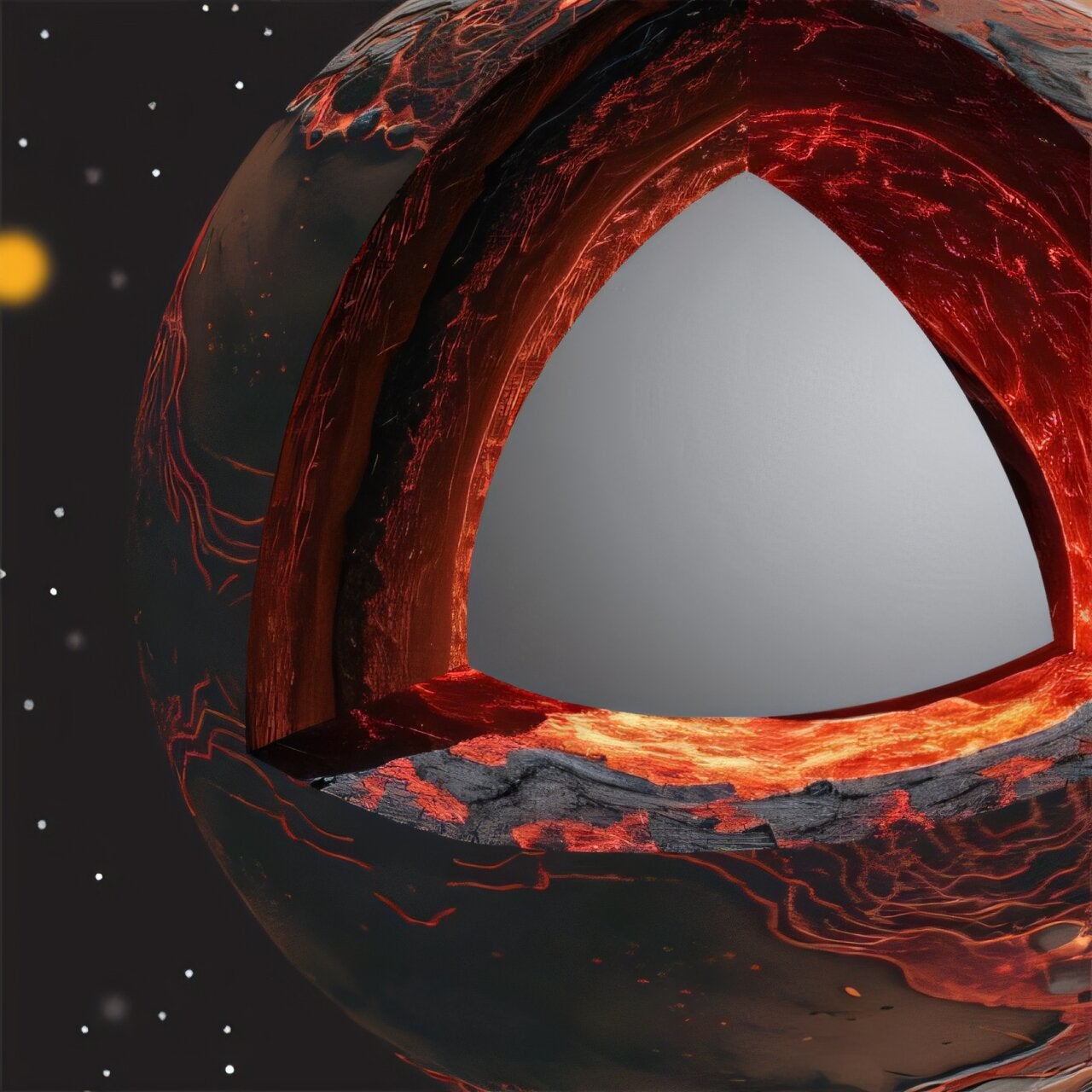 The illustration shows a cutaway of early Earth, where a hot, molten layer sits just above the core–mantle boundary.