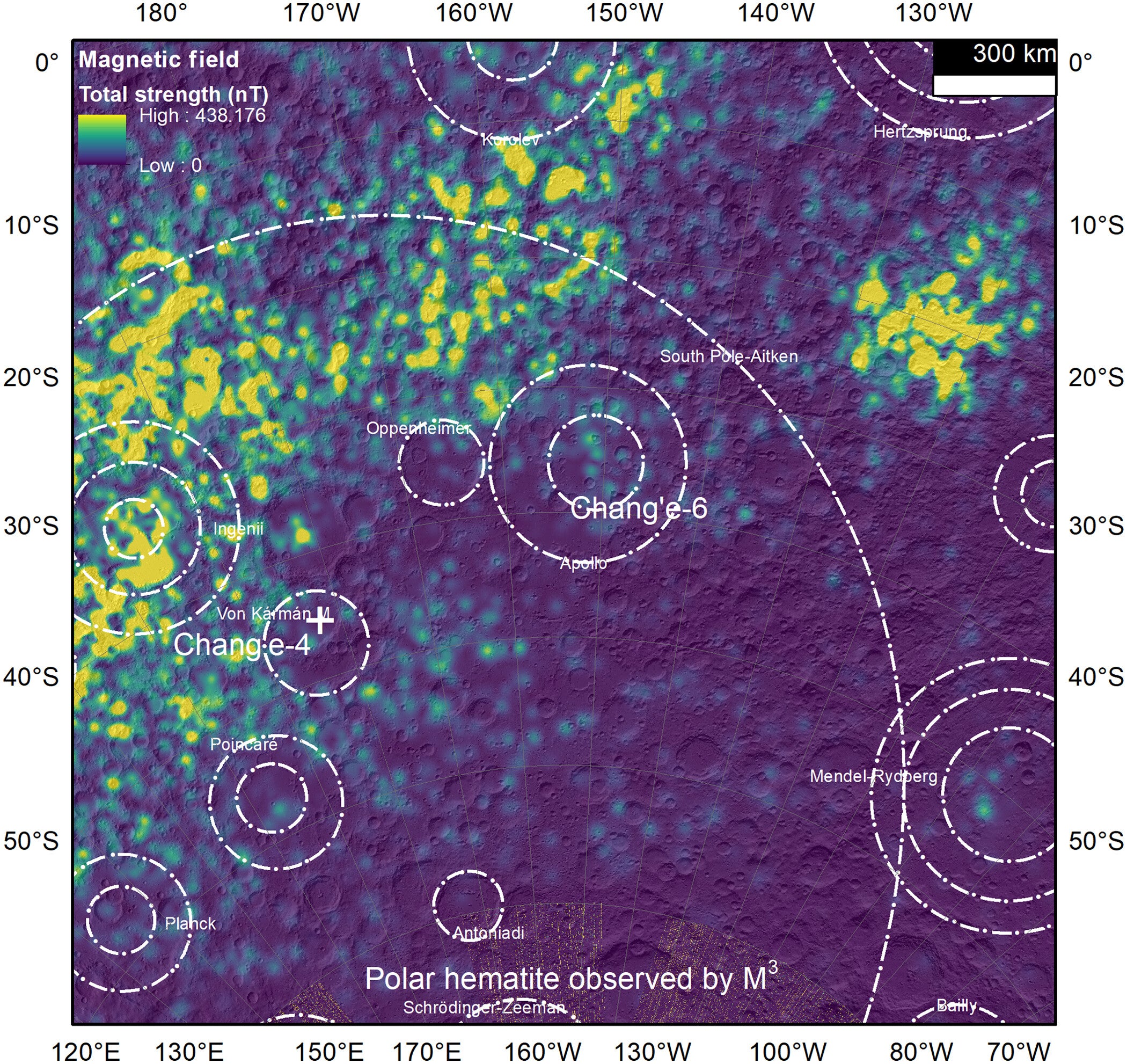 The CE6 landing site in the SPA basin is surrounded by the strongest remnant magnetic field on the lunar surface and close to the lunar south polar region where hematite spectral signals were observed. The white dashed circles are basin rings