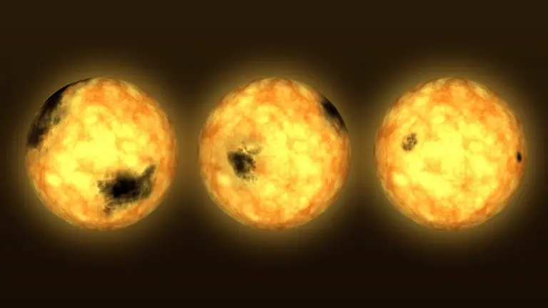 As a star ages, its spin and the number and sizes of its spots decreases as shown in this animation of a Sun-like star. Star spots are tied to local magnetic fields that have been amplified by the star’s rotation, so the phenomena are connected.