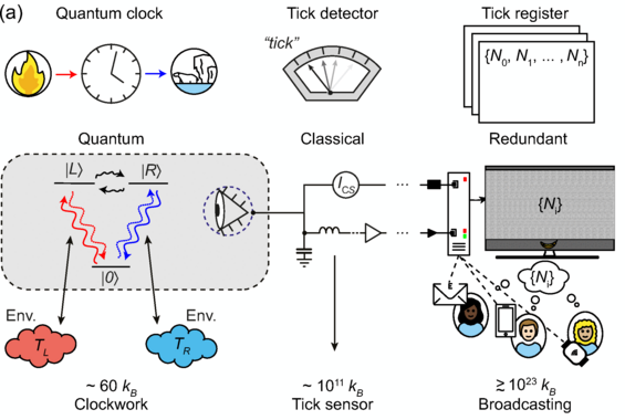 A three-state system (0,𝐿,𝑅) is the quantum clockwork (left), measurement apparatus (center), and the macroscopic agent (right). While the example is presented with incoherent semiclassical dynamics, the conclusions we draw also hold for an adaptation to coherent dynamics. 