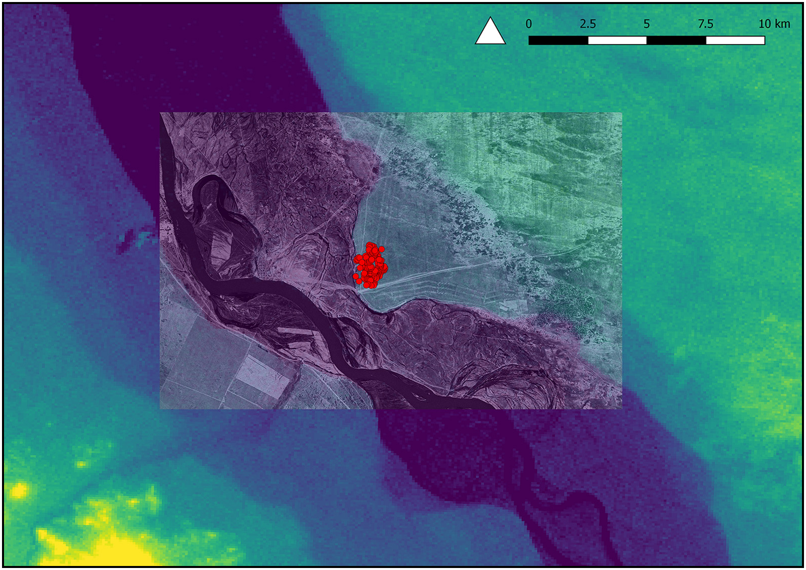 Digital Elevation Model (NASA Shuttle Radar Topography Mission) for the area around Semiyarka with overlaid Corona spy photograph showing the landscape in the early 1970s (KH4B Mission 1116, April 1972).
