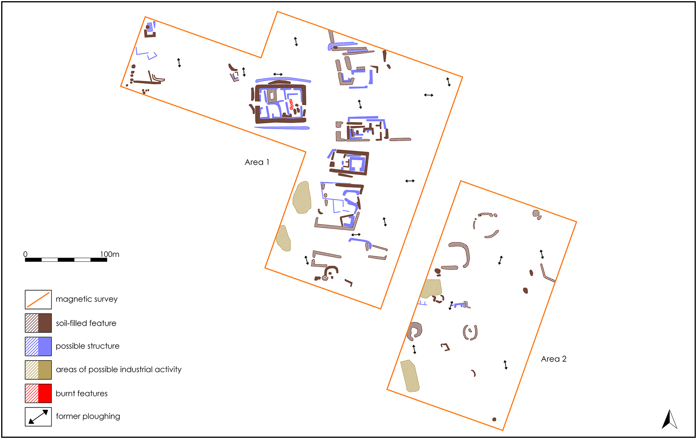 Map of features identified through geophysical prospection by Archaeological Services, Durham University
