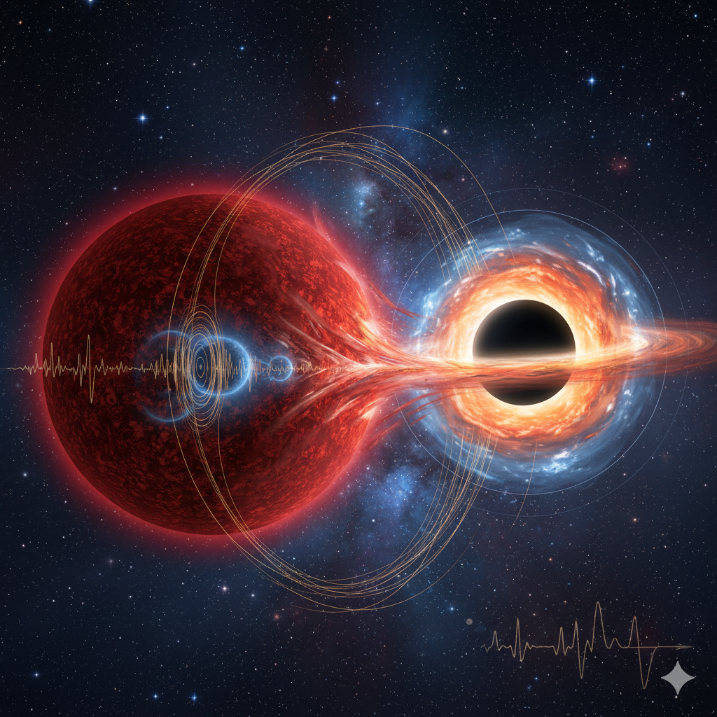 AI-generated image of red giant star orbiting a quiet black hole in the Gaia BH2 system.