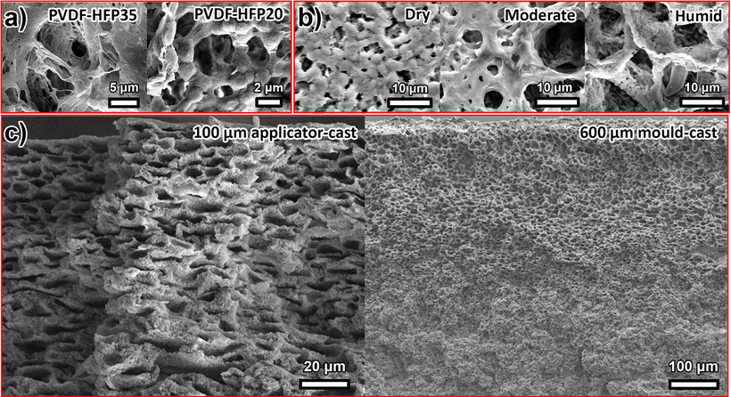 Characterization of bulk porosity and surface structure of PVDF‐HFP films prepared under different experimental conditions.