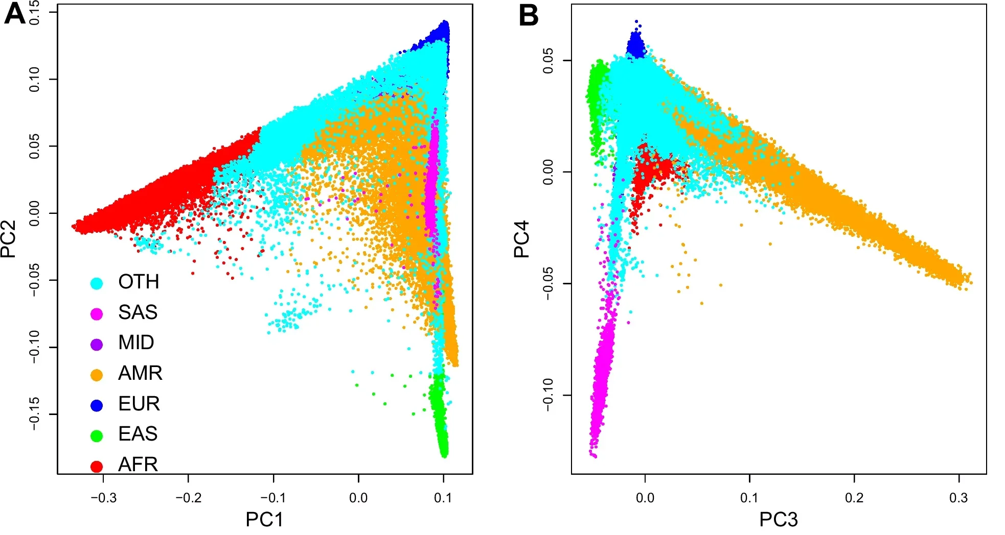 Different skin cancer risk by ancestries. Scatterplot showing the top genotype PC coordinates for all individuals: A) PC1 and PC2; B) PC3 and PC4. Colors represent genetic ancestries. AFR: individuals of African descent; EAS: East Asian; EUR: European; AMR: Admixed American; MID: Middle Eastern; SAS: South Asian; OTH: all other ancestries and admixed individuals.
