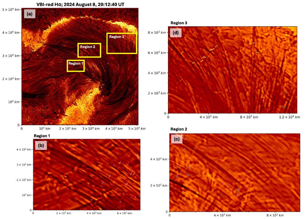 Example of fine-scale coronal strands studied in this work. (a) VBI-red Hα image from 20:12:40 UT (r0 = 12.2 cm).