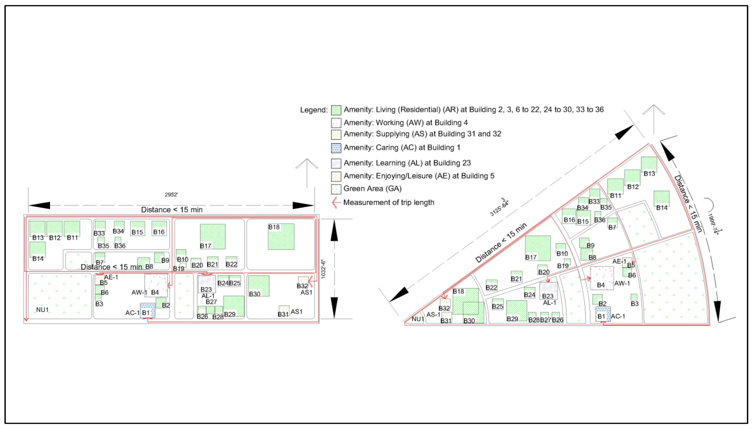 Conceptual pictorial representation of a multi-functional neighborhood, i.e., 15-Minute City (rectangular- and radial-road-patterned multi-functional neighborhood of 7 acre/0.28 km2).