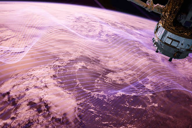 Radio waves in the ionosphere. Photo of the Earth with radio waves, depicted in purple, flowing across it. HF and VHF waves travel through the ionosphere.