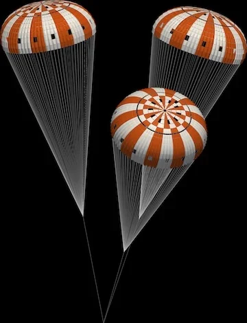 Orion spacecraft parachute cluster. Parachute shapes and dynamics are computed from the aerodynamic forces, and the aerodynamics is computed from the parachute shapes.