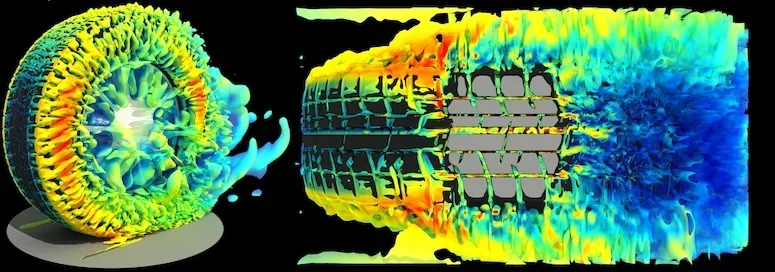 Tire aerodynamics with complex tread pattern and road contact. Flow patterns viewed from side and below.