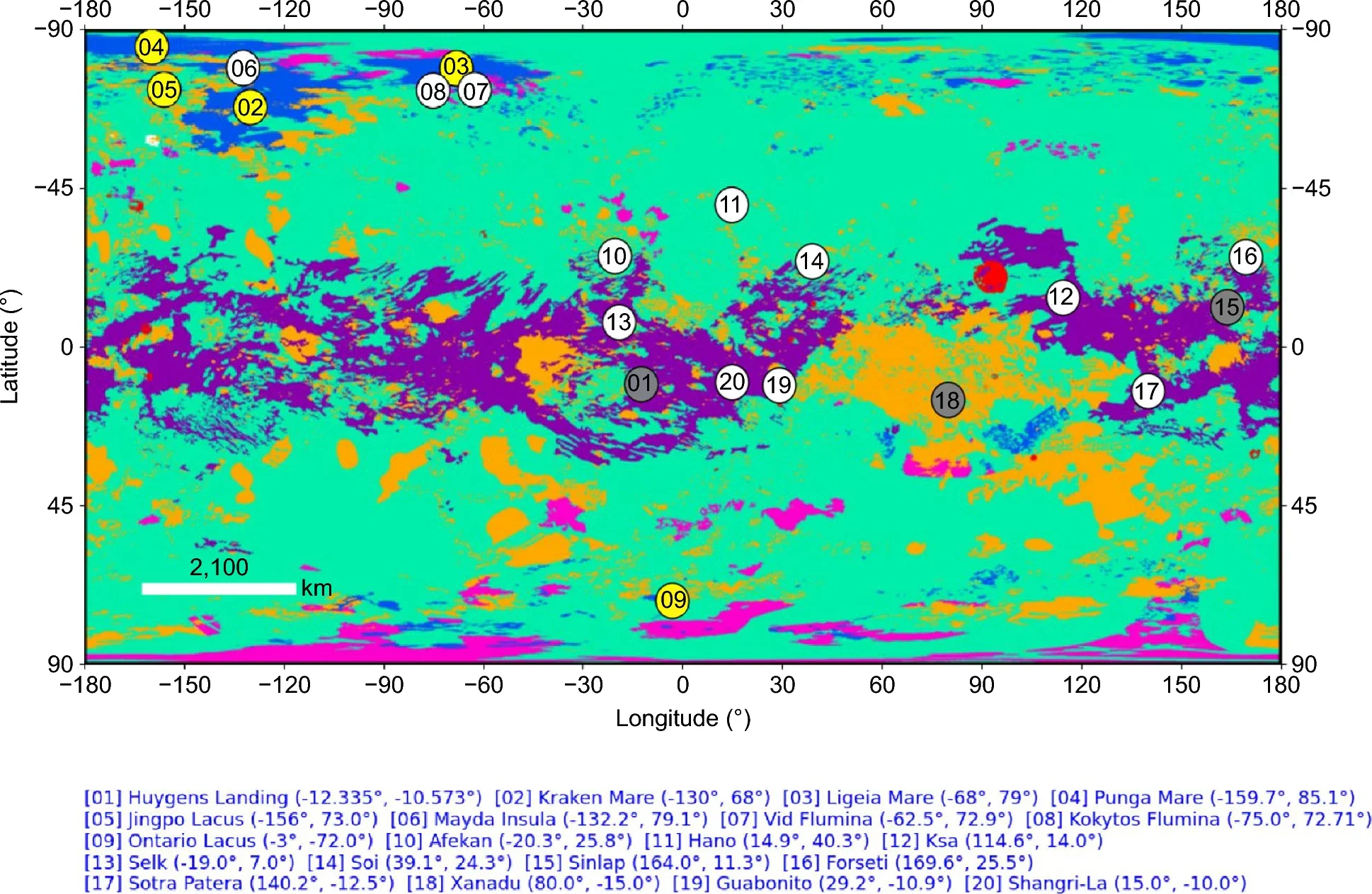 Location of points of interest on the surface of the natural satellite Titan. The yellow points correspond to Constellation Titan I, highlighting the points with Titan’s main lakes and seas. The gray points correspond to Constellation Titan II, highlighting three more equatorial points of interest.