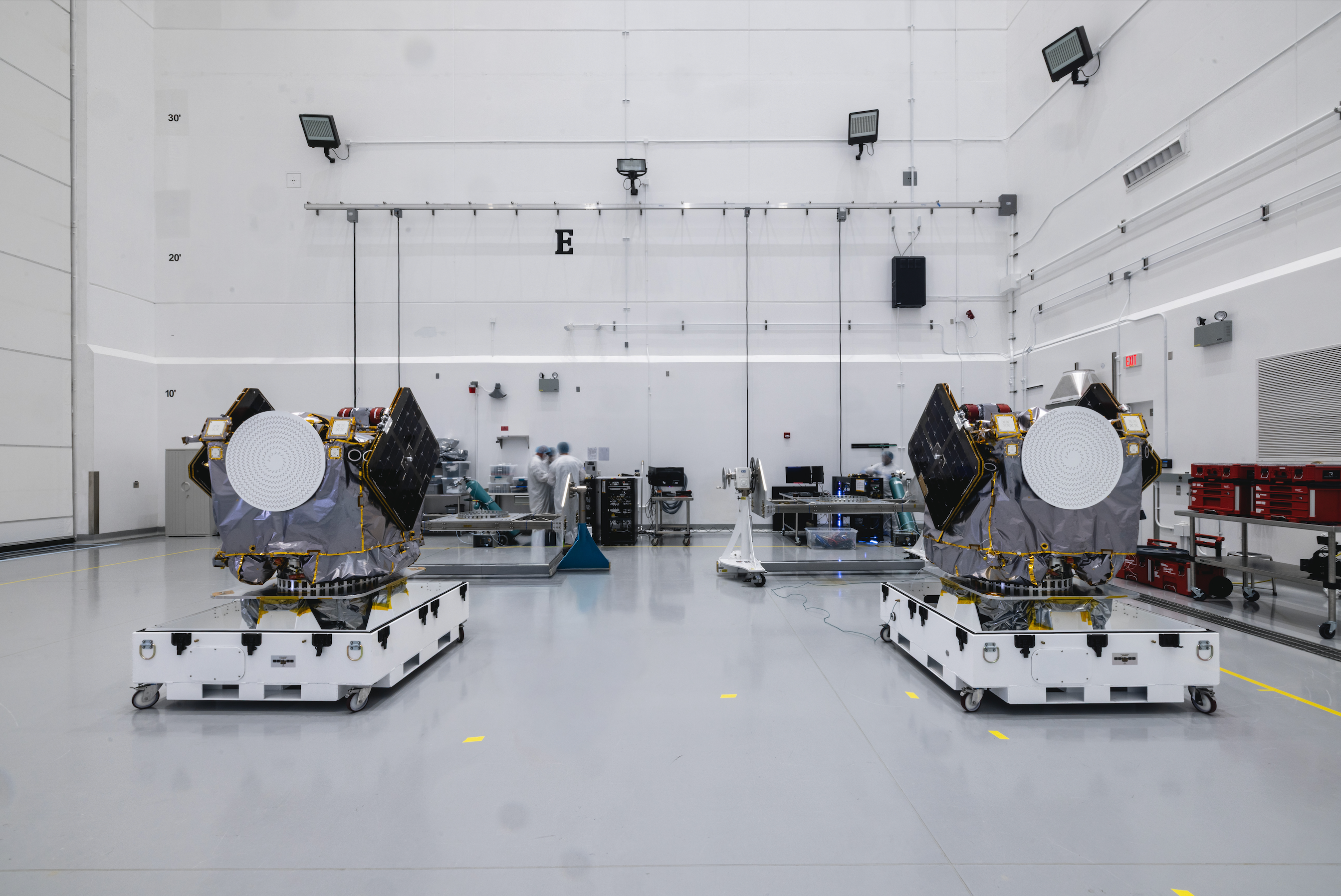 NASA’s two ESCAPADE spacecraft appear inside a clean room at the Astrotech Space Operations Facility in Titusville, Florida, in September 2025.