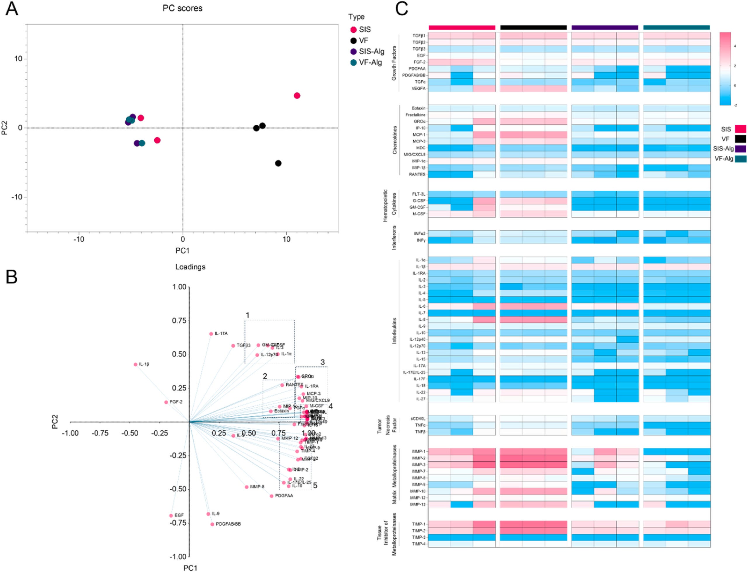 Secreted Growth Factors and Cytokines by HVFF encapsulated in Click dECM or dECM-only Hydrogels.