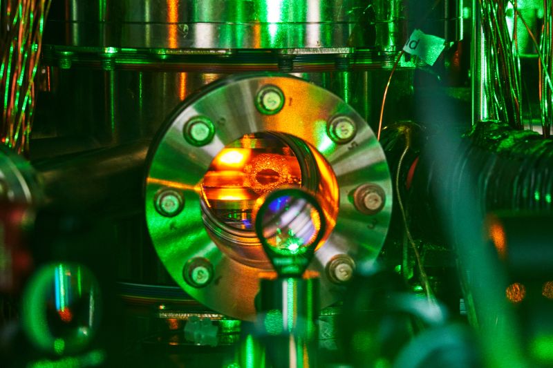 In the vacuum chamber at Columbia University’s Will Lab, shown here, ultracold gases of dipolar sodium-cesium molecules are made using a combination of laser cooling and magnetic manipulations.