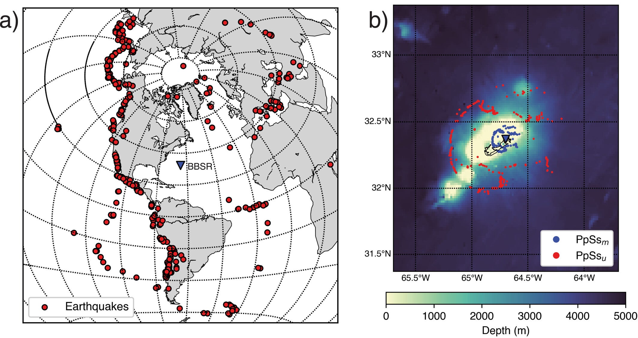 (a) Map of earthquakes used in this study. (b) Piercing points for PpSs phases for the interpreted Moho and underplated layer for seismic events in (a) for the velocity model