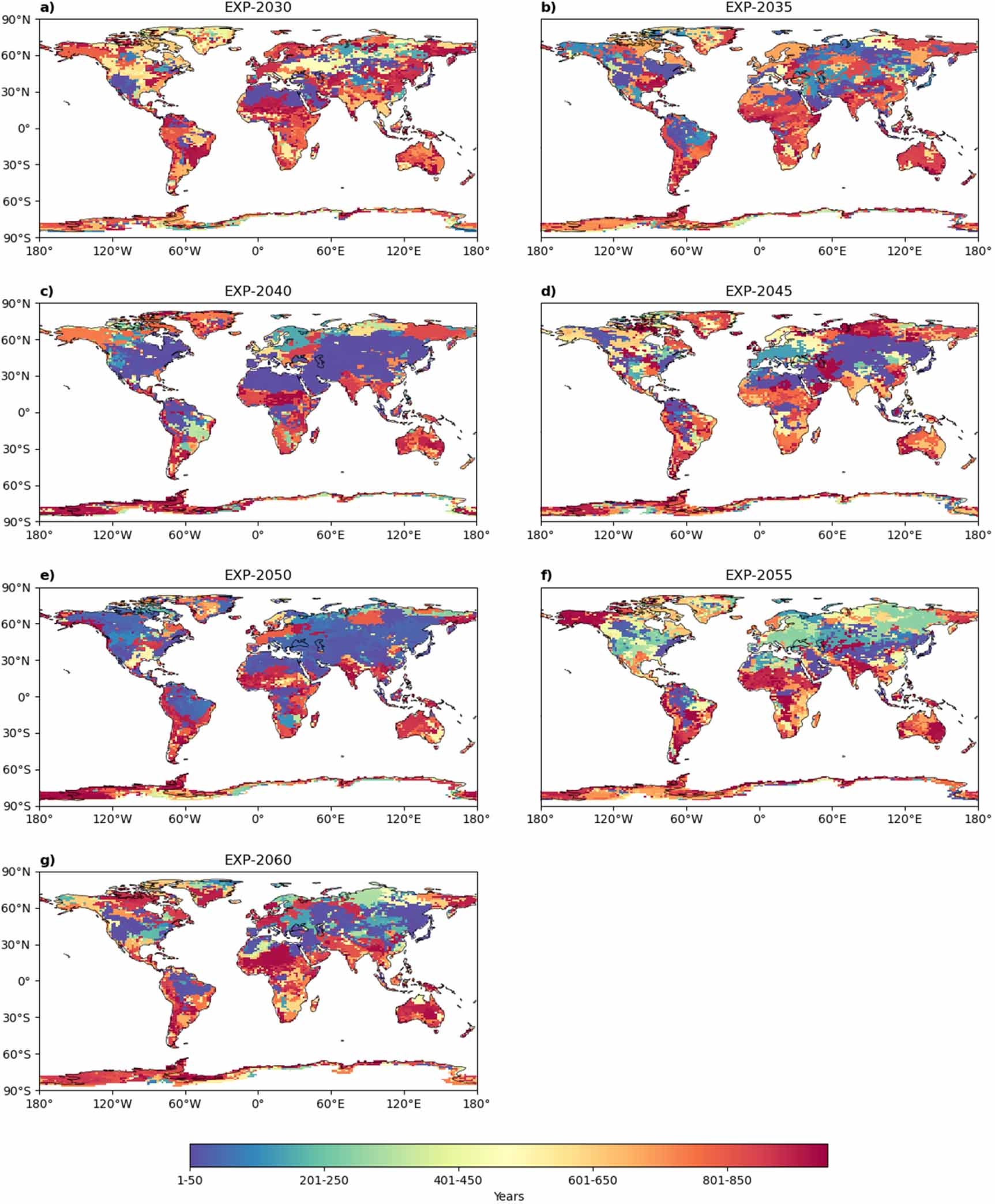 The 50 year period that possesses the highest amount of seasonal heatwave days, as determined by summing the number of days across all years during each 50 year window in each ACCESS-ESM1-5 net zero simulation branching off from SSP5-8.5 at (a) 2030; (b) 2035; (c) 2040; (d) 2045; (e) 2050; (f) 2055; and (g) 2060.