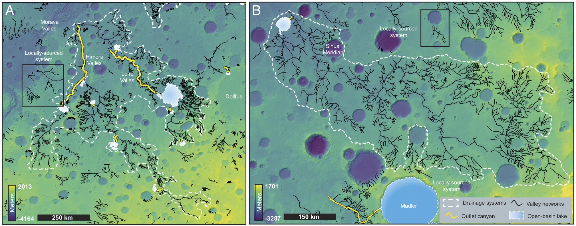 Examples of mapped large drainage systems on Mars. The dotted white outlines represent drainage boundaries encompassing valley networks (black), lakes (gradient blue), and outlet canyons (yellow) formed by lake breaches.