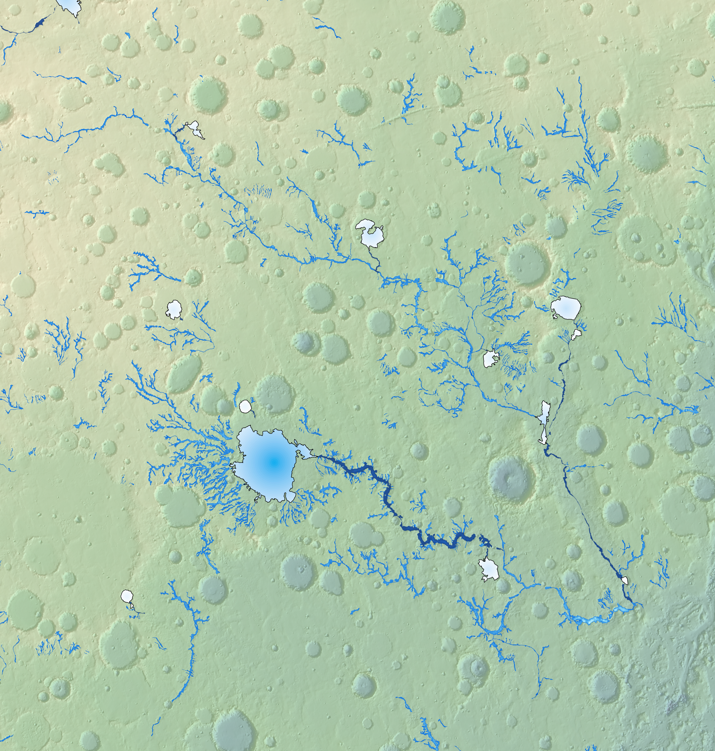 The valley networks, lakes and rivers that make up the Paraná Valles drainage system on Mars.