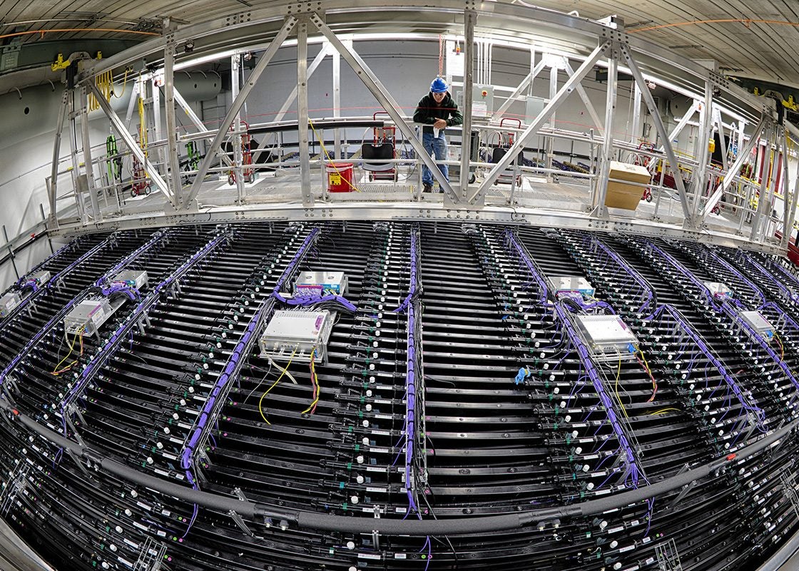 The NOvA far detector located in Ash River, Minnesota, measures roughly 200 feet long, 50 feet high and 50 feet wide. Neutrino interactions inside the detector create light, which travels up fiber optic cables to the banks of computers. 