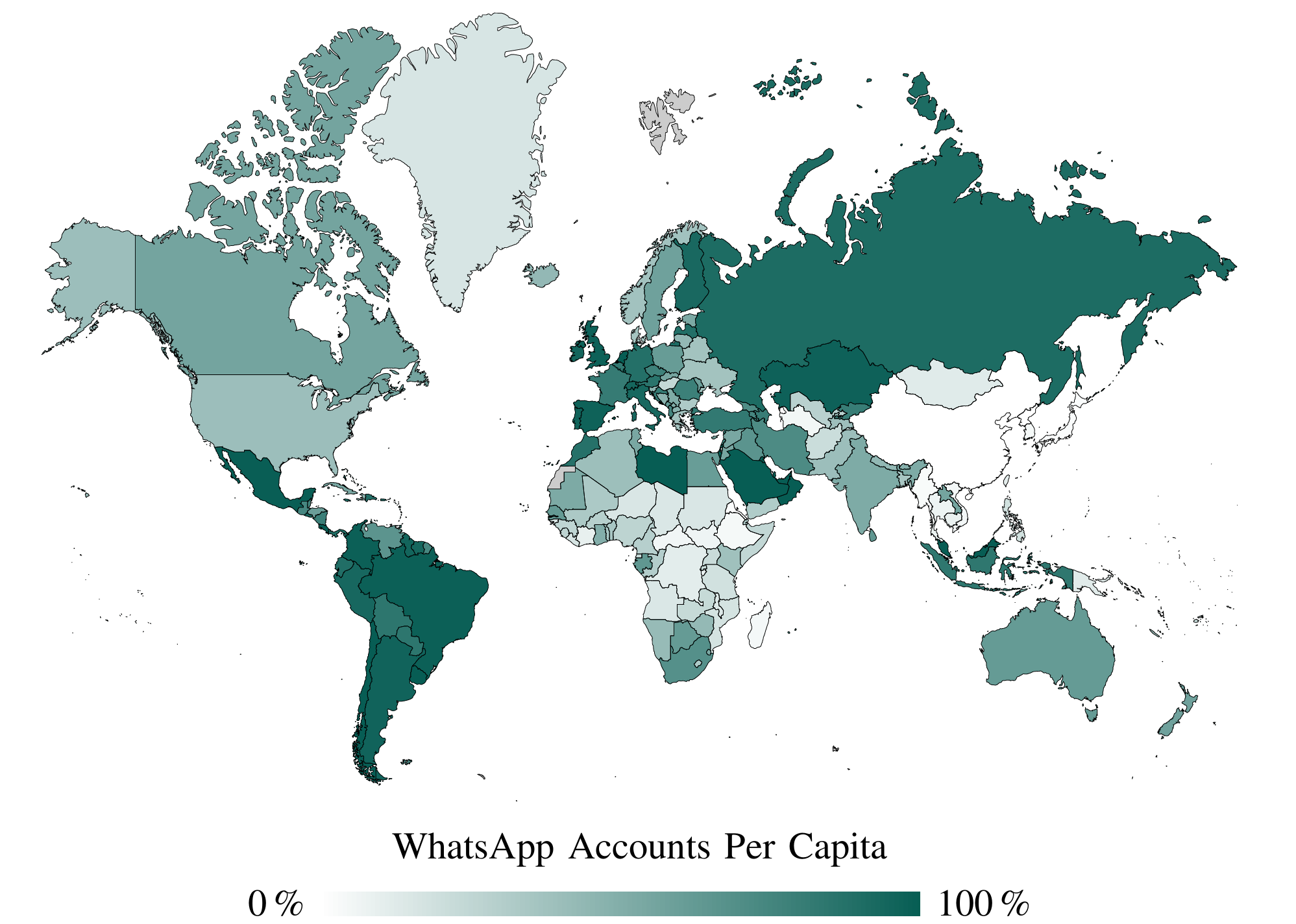 WhatsApp Use per Capita: At 95 % in South America and 80 % in Europe, a majority of citizens have an active WhatsApp account.