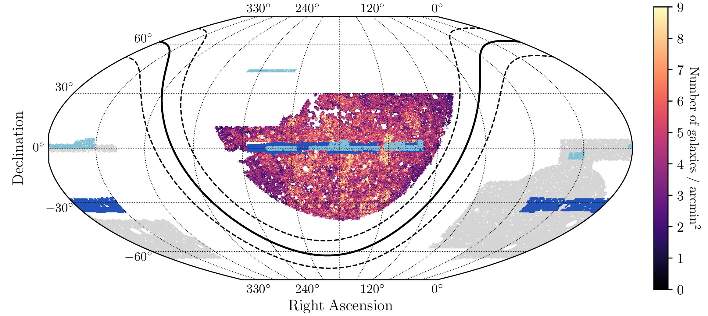 Map of the number density of galaxies in our shape catalog. We also show the footprint of three other Stage-III lensing surveys: DES Y3 (grey), KiDS-1000 (dark blue), HSC Y3 (light blue).